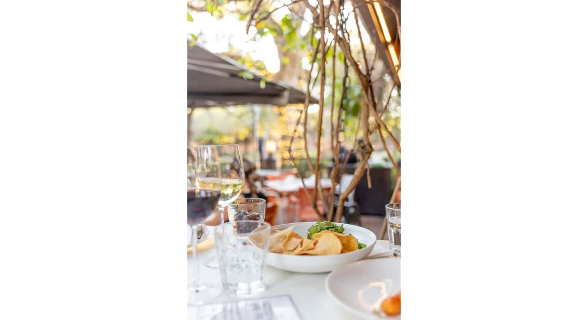 Outdoor dining table at Glass & Vine with wine glasses, chips, and park views in Coconut Grove