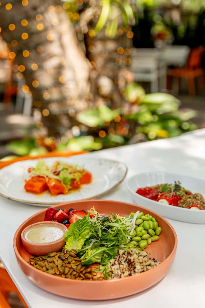 Fresh power bowl and light dishes served on the Glass & Vine outdoor patio