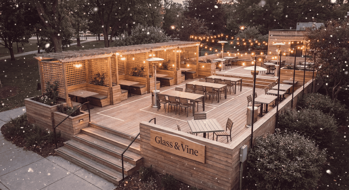 Multi-level patio seating at Glass & Vine with park views and festive outdoor décor.