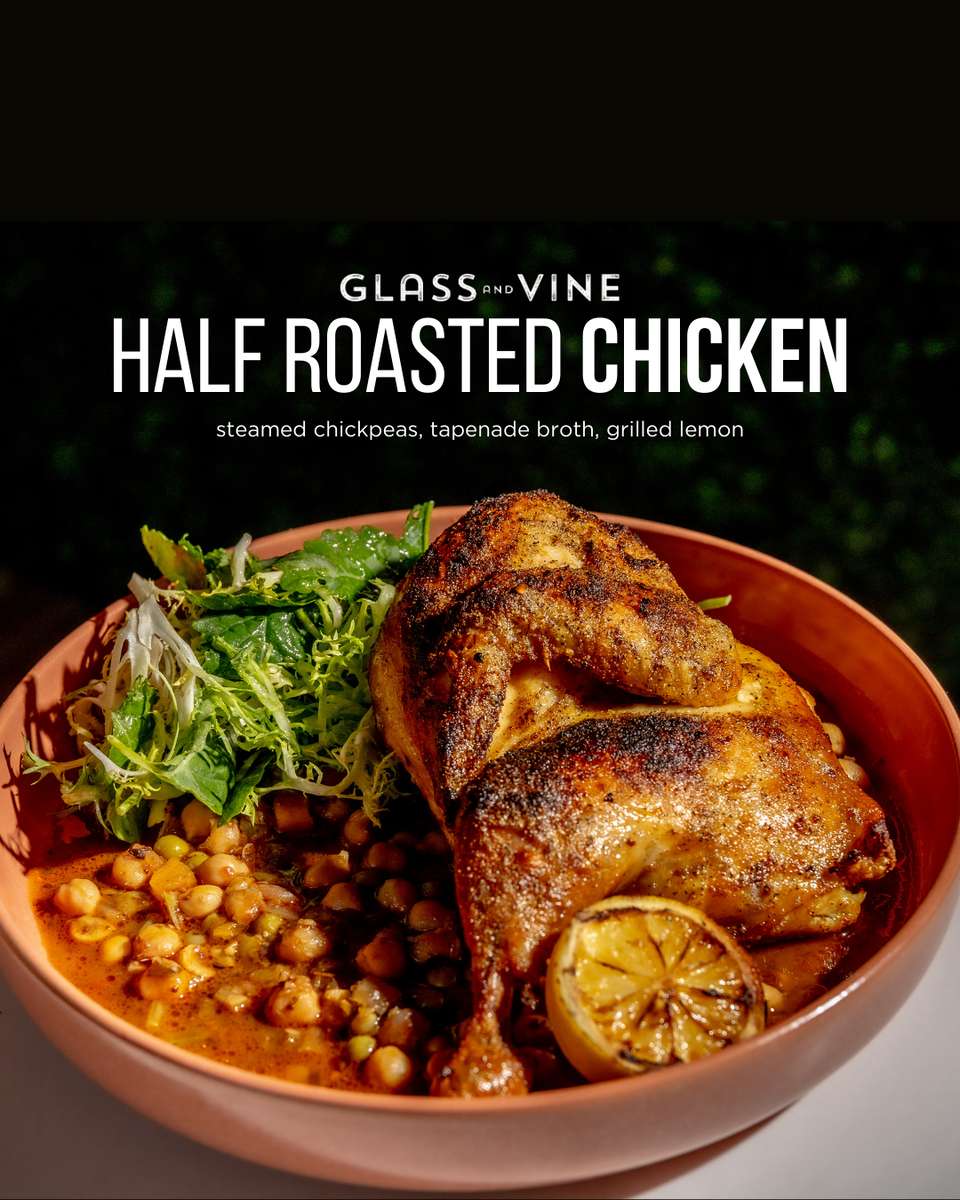 Glass & Vine half roasted chicken menu graphic with chickpeas and grilled lemon