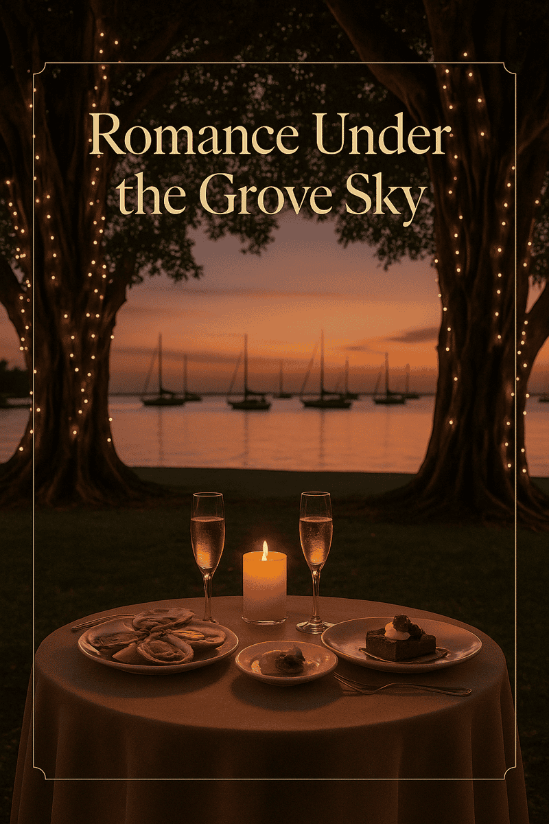 Candlelit outdoor dining for two under banyan trees with Biscayne Bay sunset in the background.
