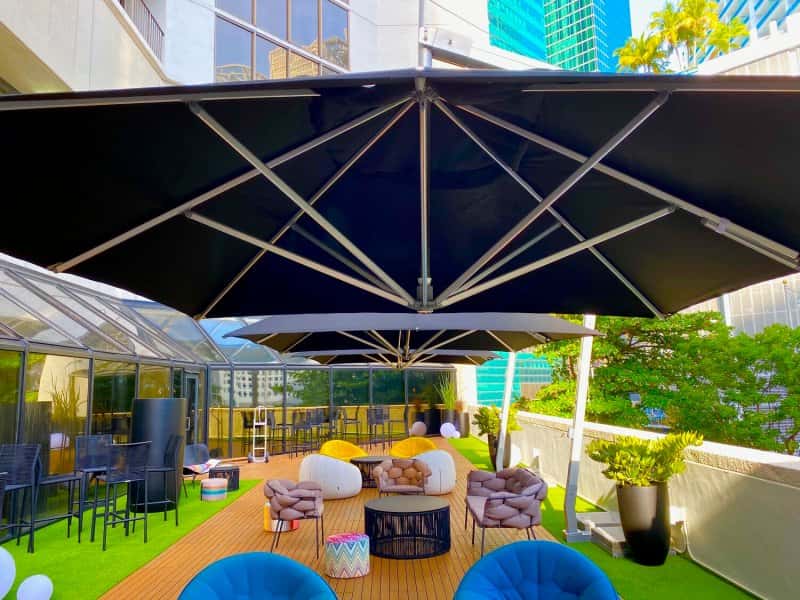 Commercial-grade restaurant umbrellas demonstrating effective shade coverage for outdoor dining areas