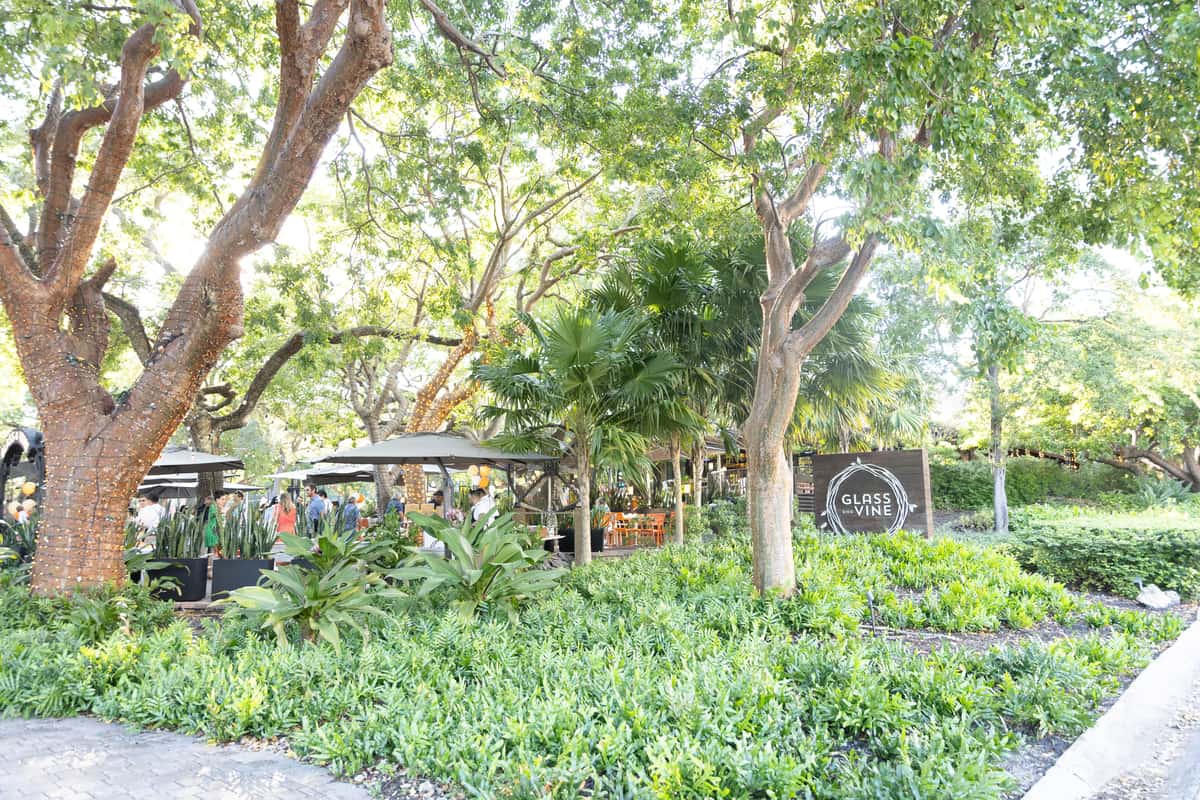 Glass & Vine garden entrance with lush greenery, outdoor seating, and restaurant signage