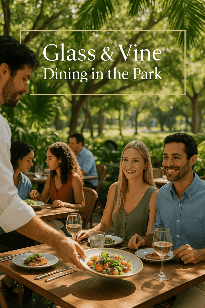  Guests enjoying farm-to-table meals on Glass & Vine's patio in Peacock Park surrounded by tropical greenery.