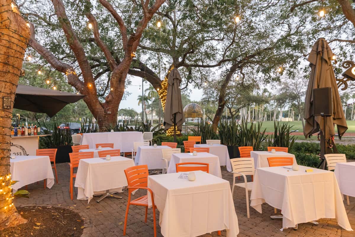 Outdoor restaurant patio arranged with tables for a private party