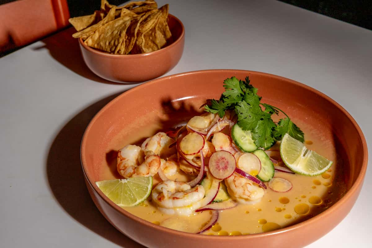Shrimp ceviche with lime, cucumber, radish, cilantro, and tortilla chips