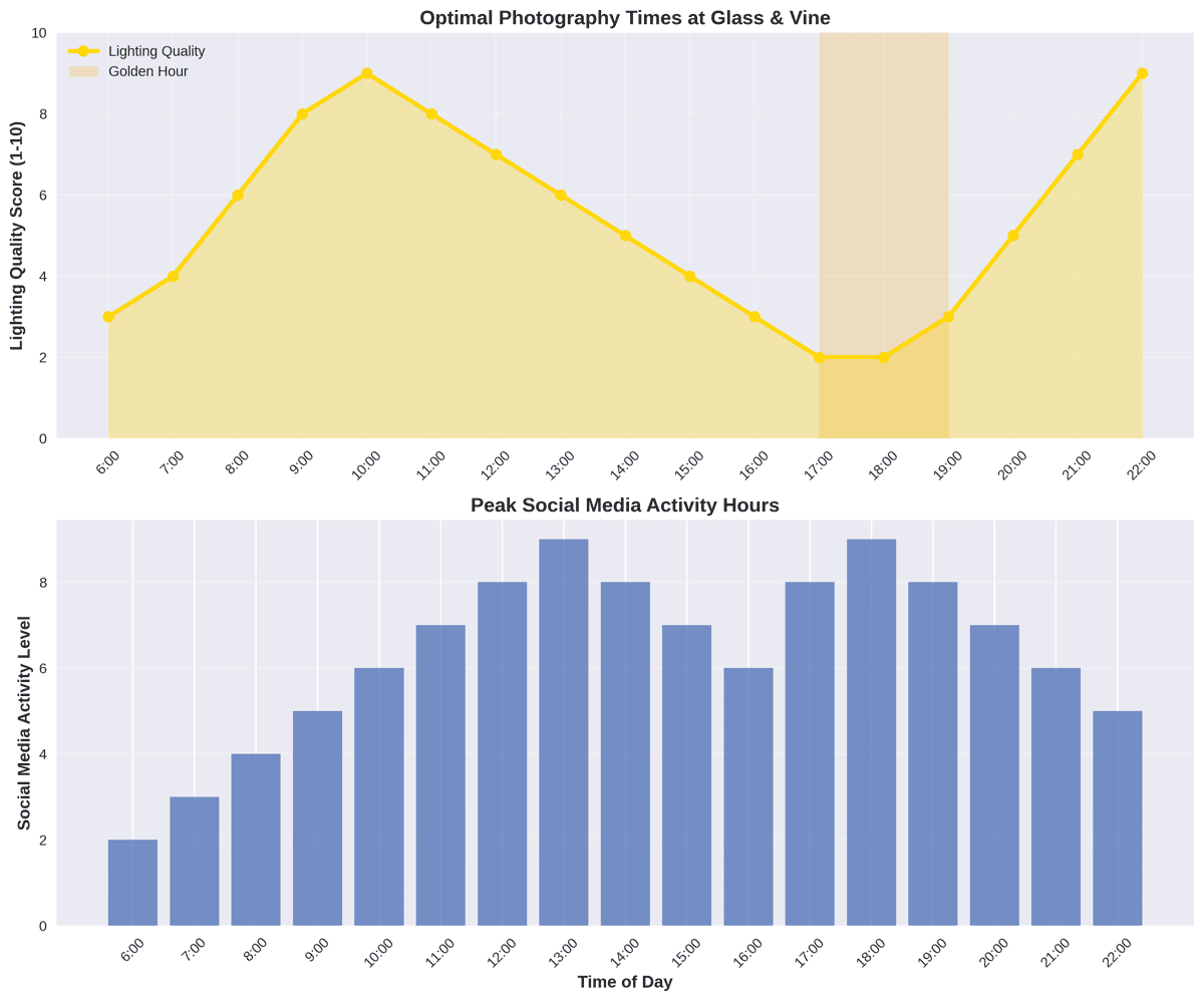 Dual chart showing optimal photography lighting quality and social media activity levels throughout the day at Glass & Vine