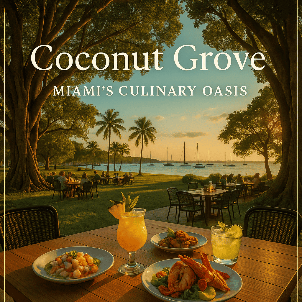 Panoramic view of Coconut Grove's waterfront dining at sunset with tropical cocktails and seafood plates.