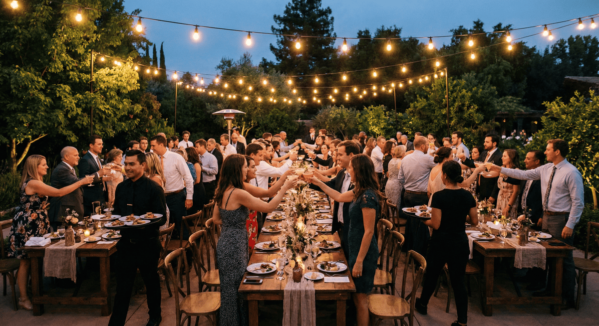A group celebrating outdoors at Glass & Vine with festive lighting and cocktails in Coconut Grove.