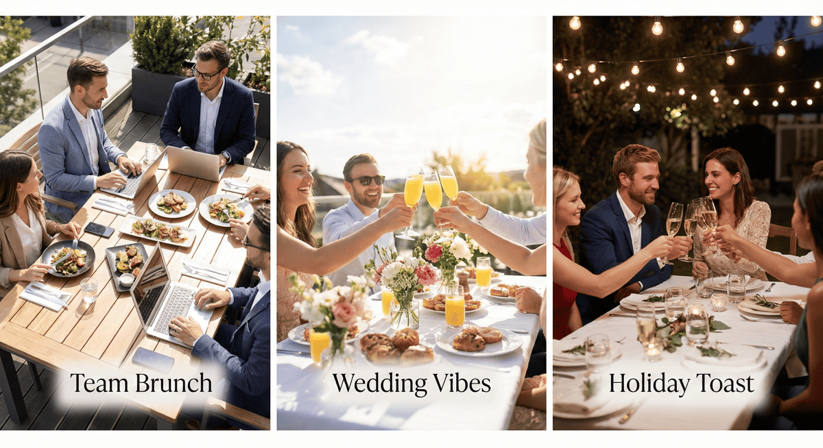 Collage of brunch, corporate lunch, and wedding event settings at Glass & Vine.