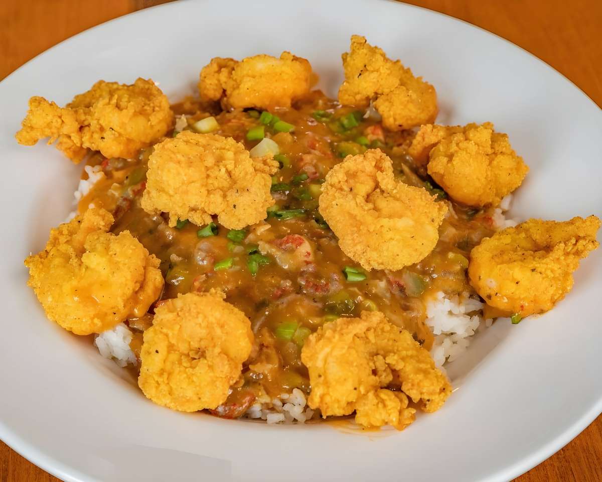 Fried shrimp served over rice and smothered in a savory sauce.