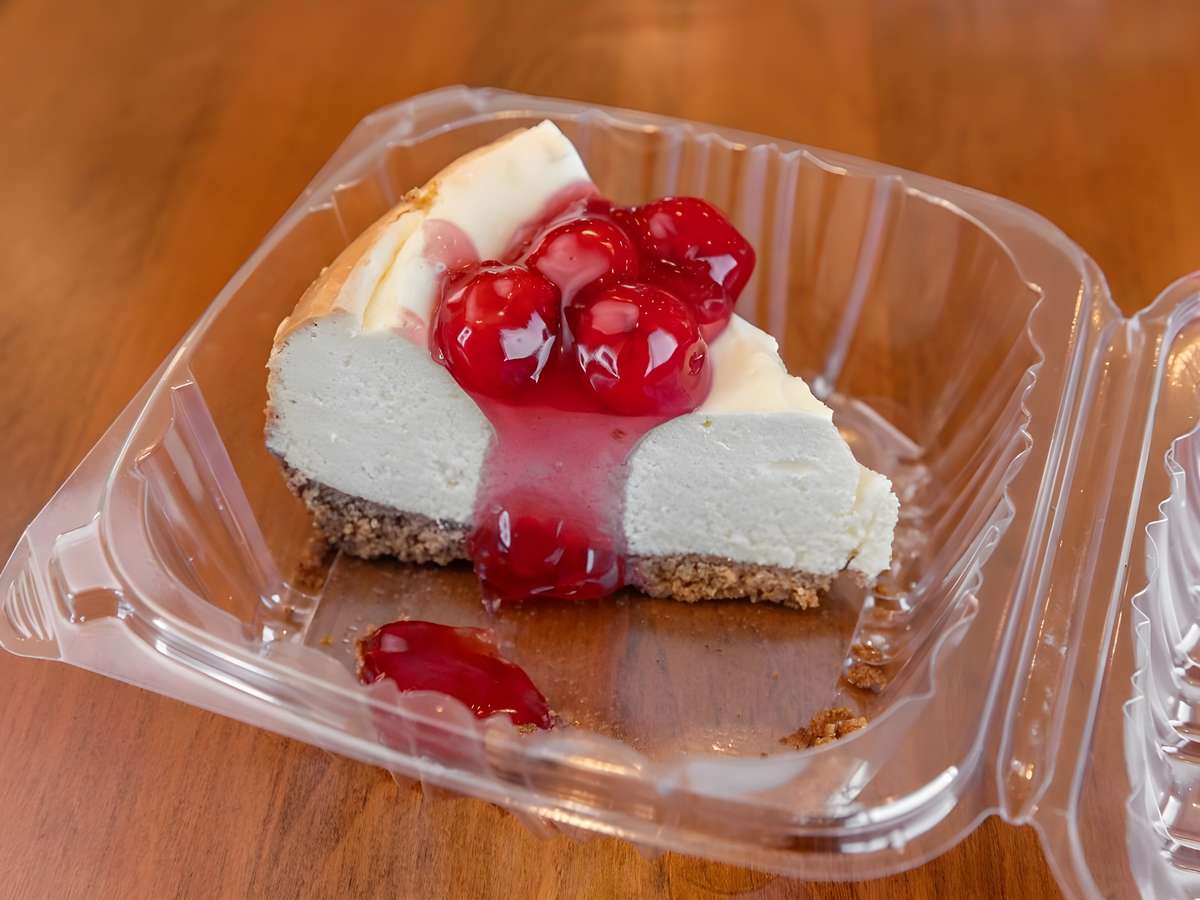 Slice of cheesecake topped with strawberry sauce.