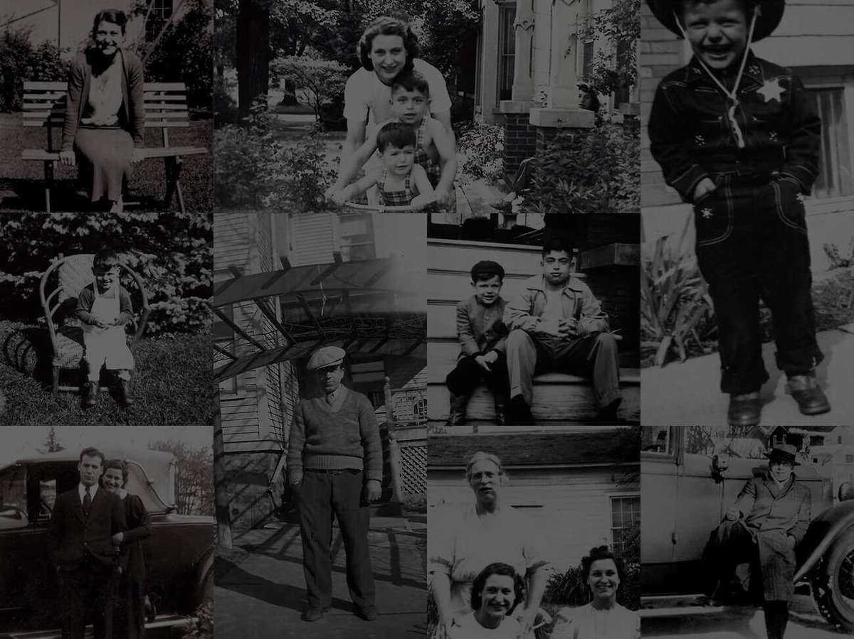 old black and white collage photo of Comella's family members