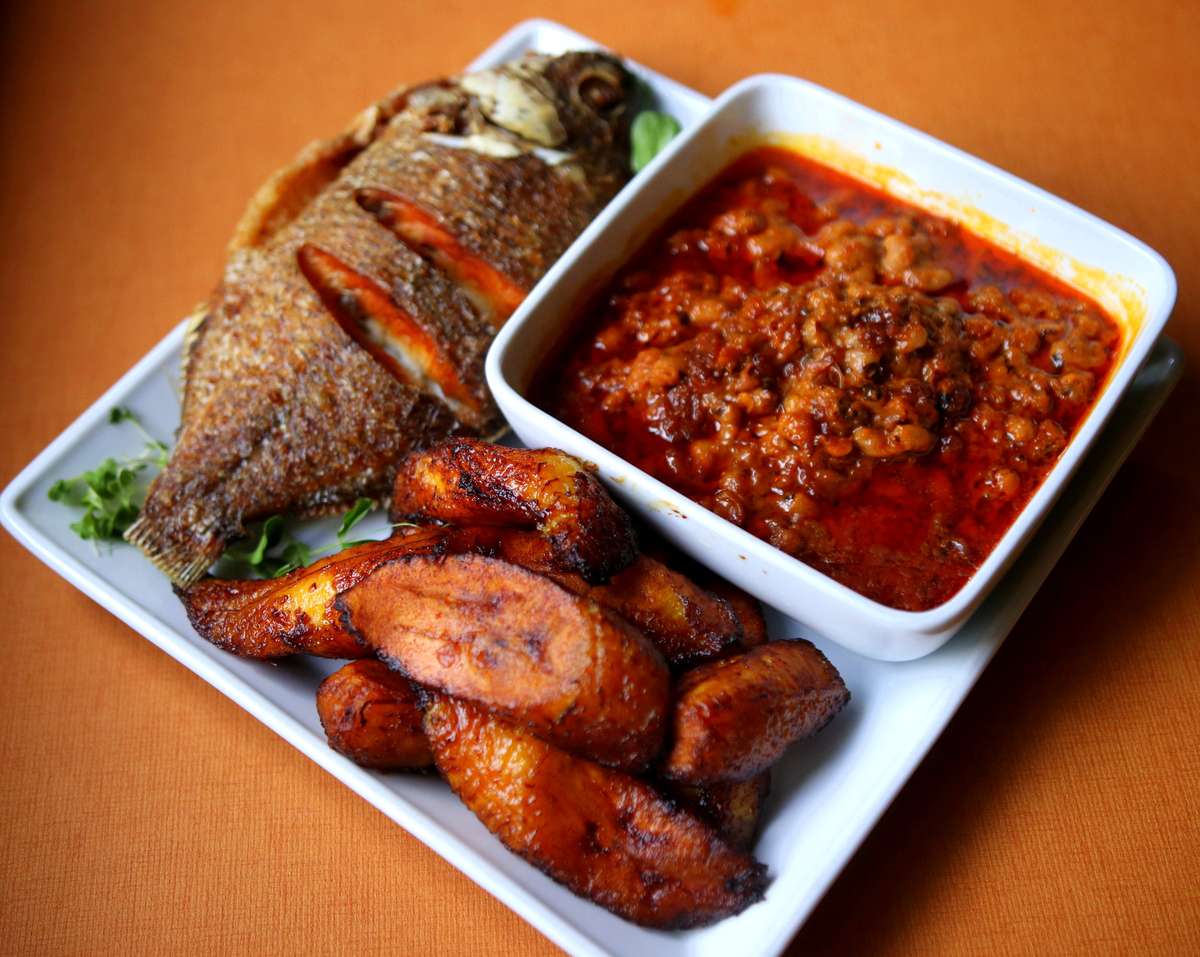 fried fish, beans, plantains