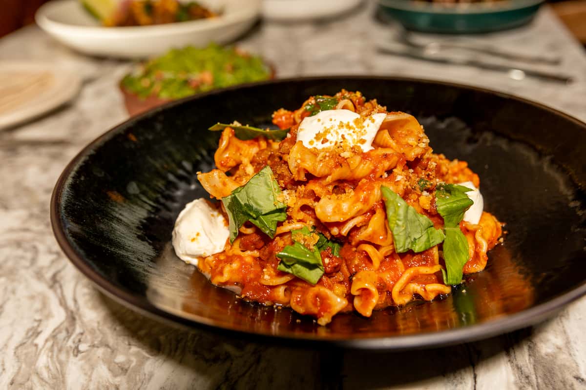 Toscani Pasta, Dry Aged Sirloin Bolognese, Pecorino, Truffle Bread Crumbs, Foccacia, Basil, EVOO