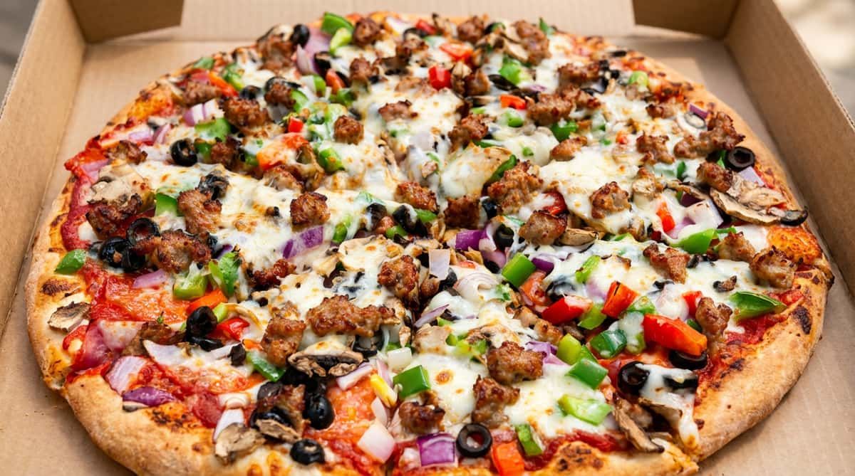 Pizza with sausage, green and red bell peppers, black olives, onions, and mushrooms.