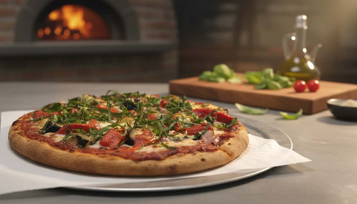 Wood-fired gourmet pizza topped with fresh basil, roasted red peppers, and melted mozzarella, baked to perfection in a brick oven pizzeria.