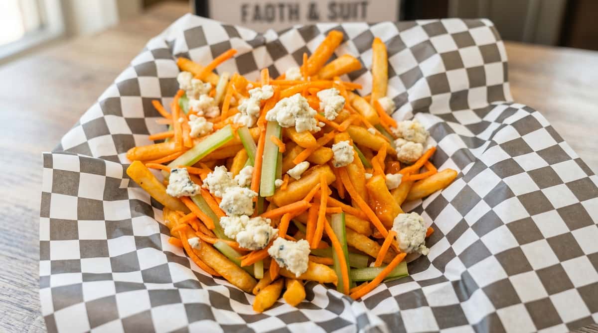 Fries with shredded carrots, celery sticks, and crumbled blue cheese, served in a checkered paper basket.