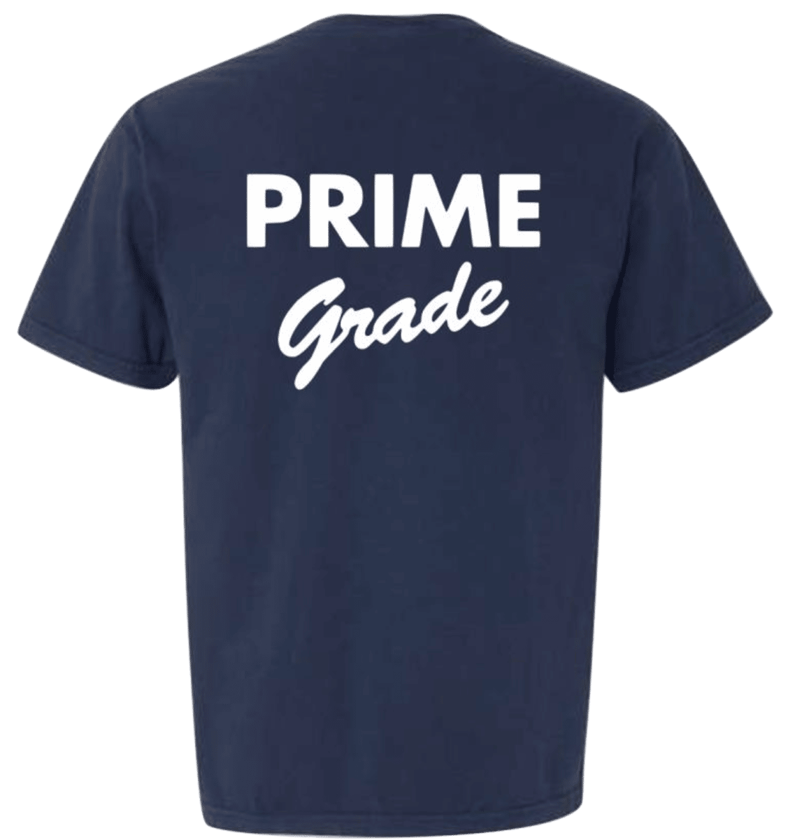 "Prime Grade" back of blue shirt