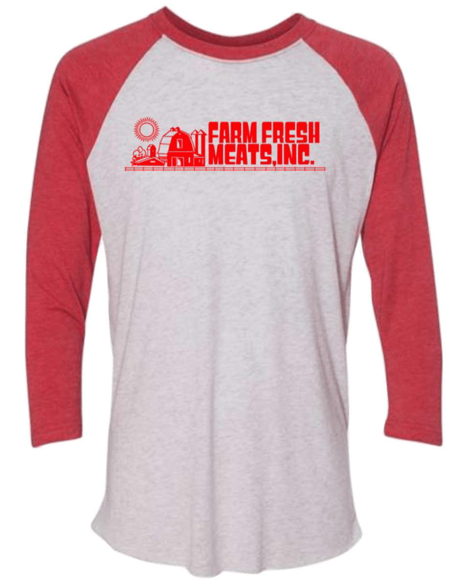 Farm Fresh Meats gray and red front of t-shirt