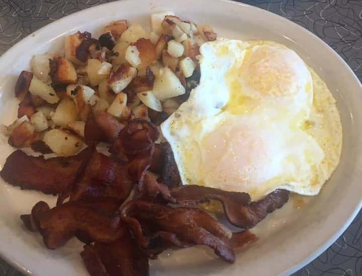 bacon, eggs, hash brown potatoes