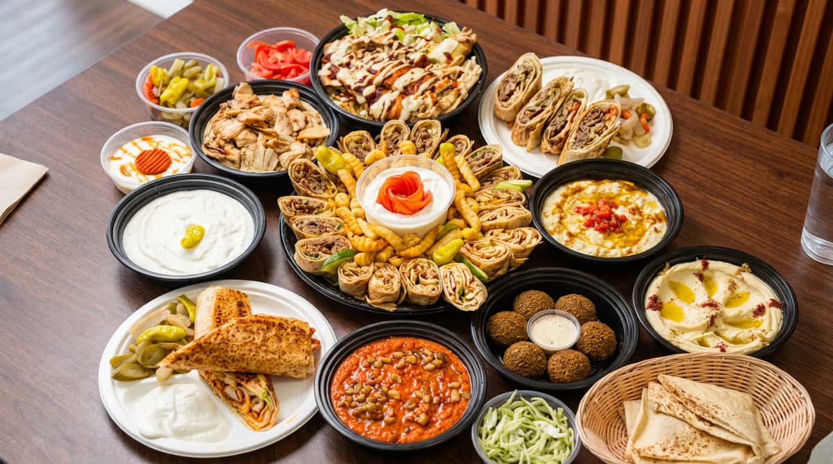 Assortment of Middle Eastern dishes including shawarma platters, falafel, hummus, dips, and pickles on a wooden table.