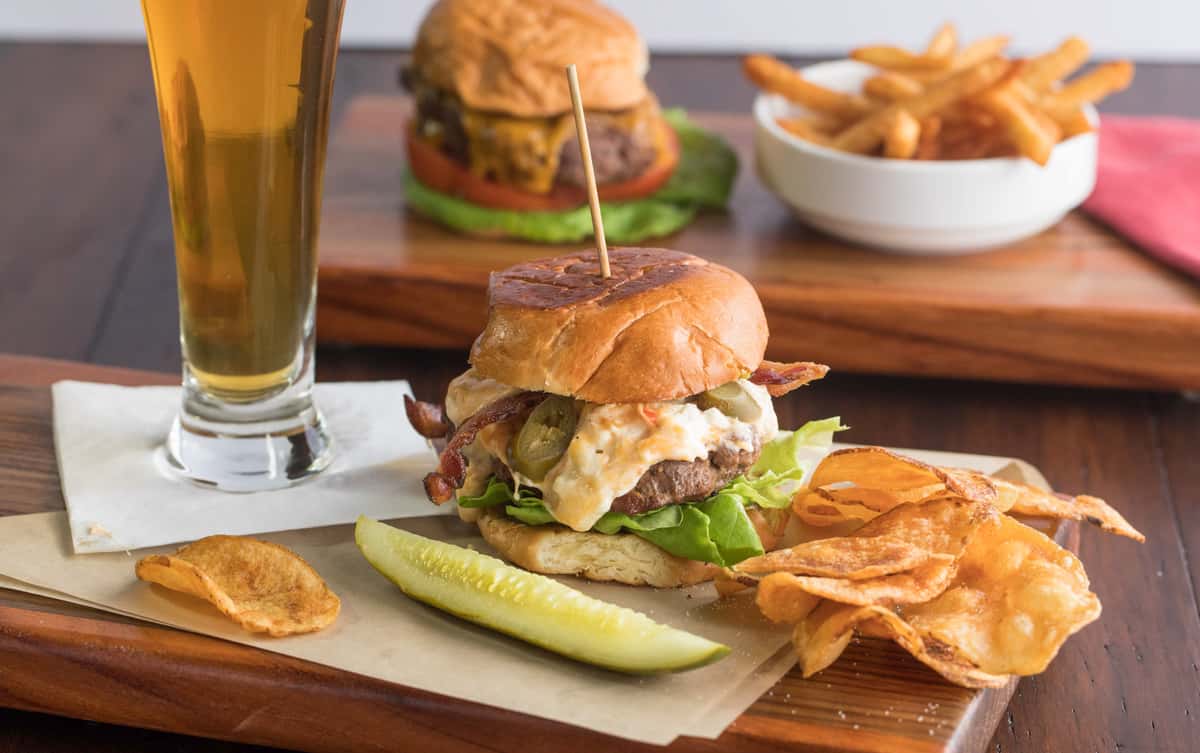 Burger, chips and a pickle