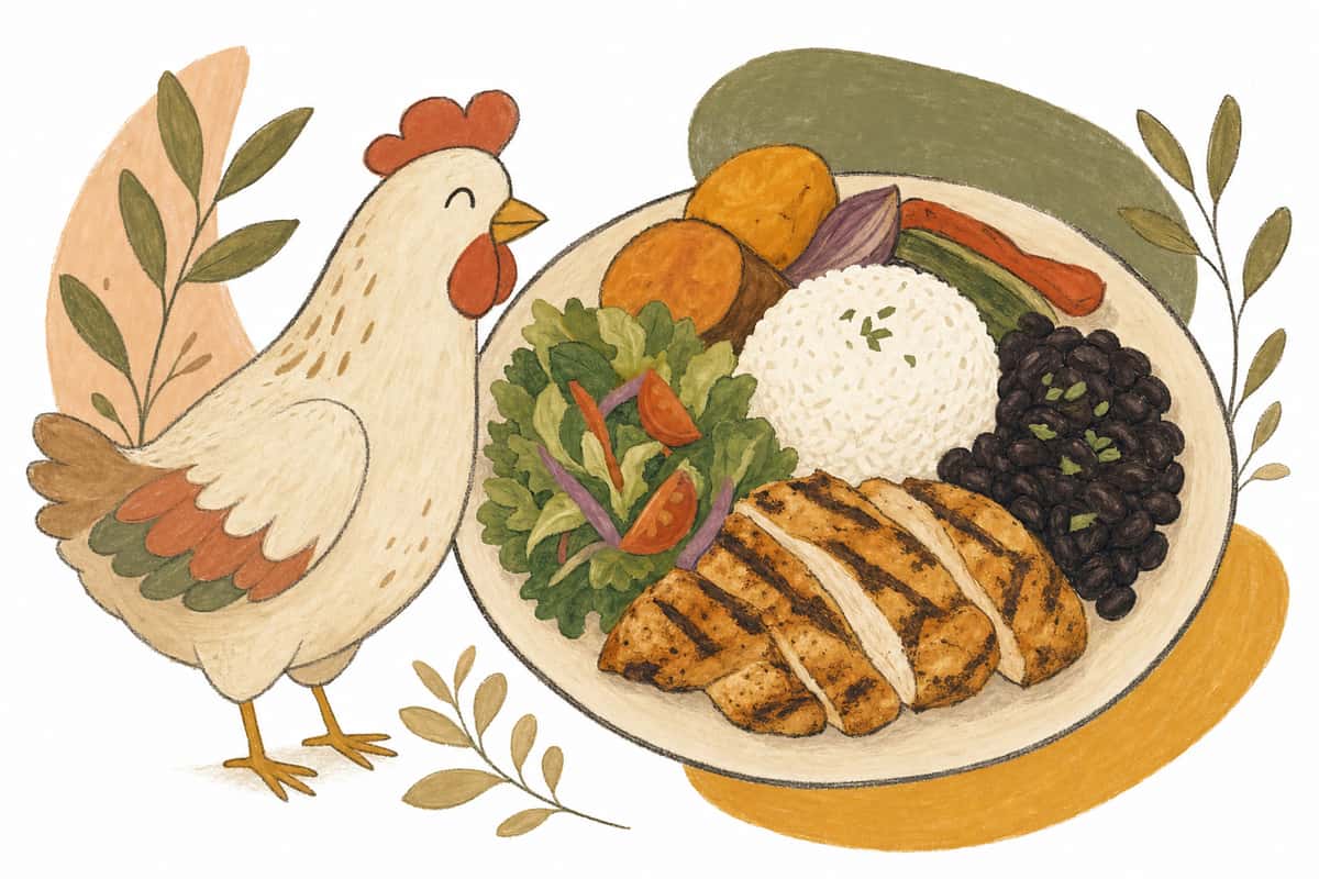 Hand-drawn chicken beside a balanced plate with grilled chicken, rice, black beans, salad, and vegetables