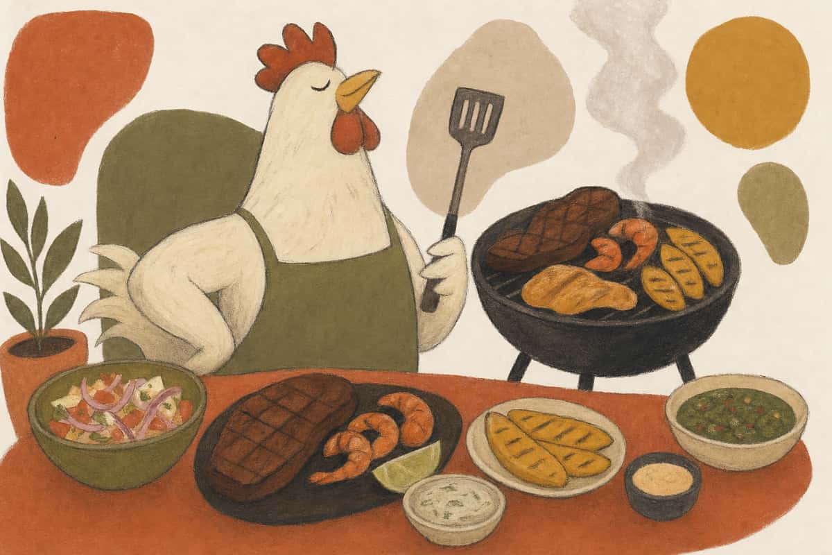 Hand-drawn dad chicken grilling Peruvian favorites with steak, shrimp, chicken, plantains, and sides