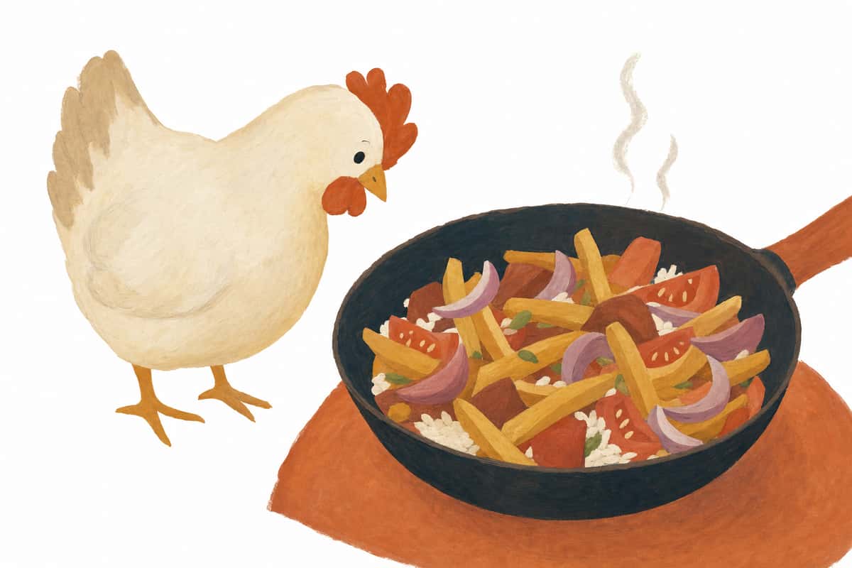 Cute hand-drawn chicken looking at a pan of Peruvian stir-fry with fries, tomatoes, onions, and rice