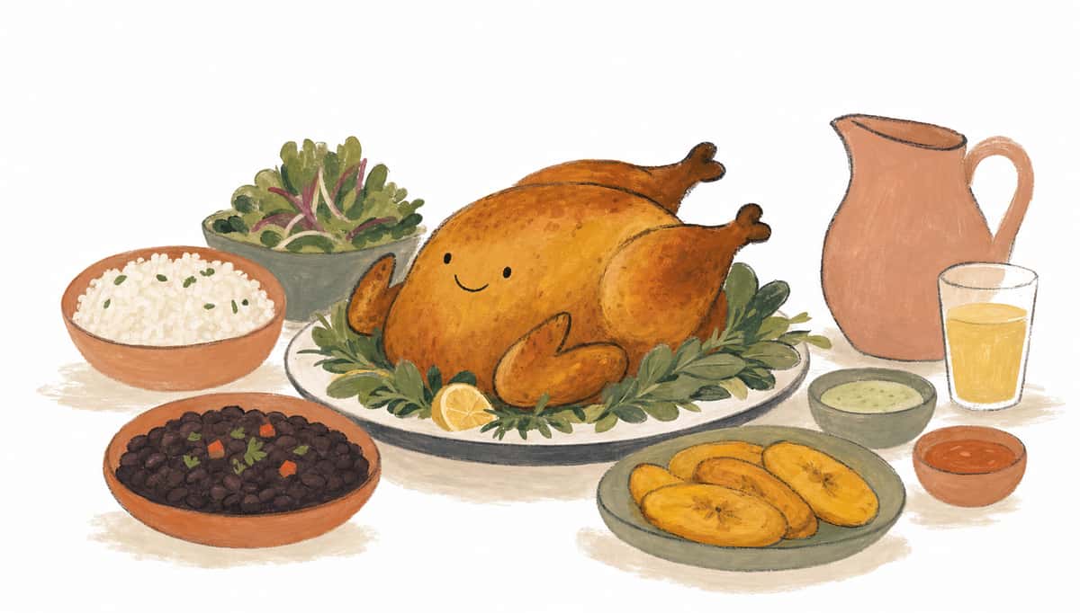 Hand-drawn chicken family meal illustration with rice, beans, greens, plantains, and sauces on a white background