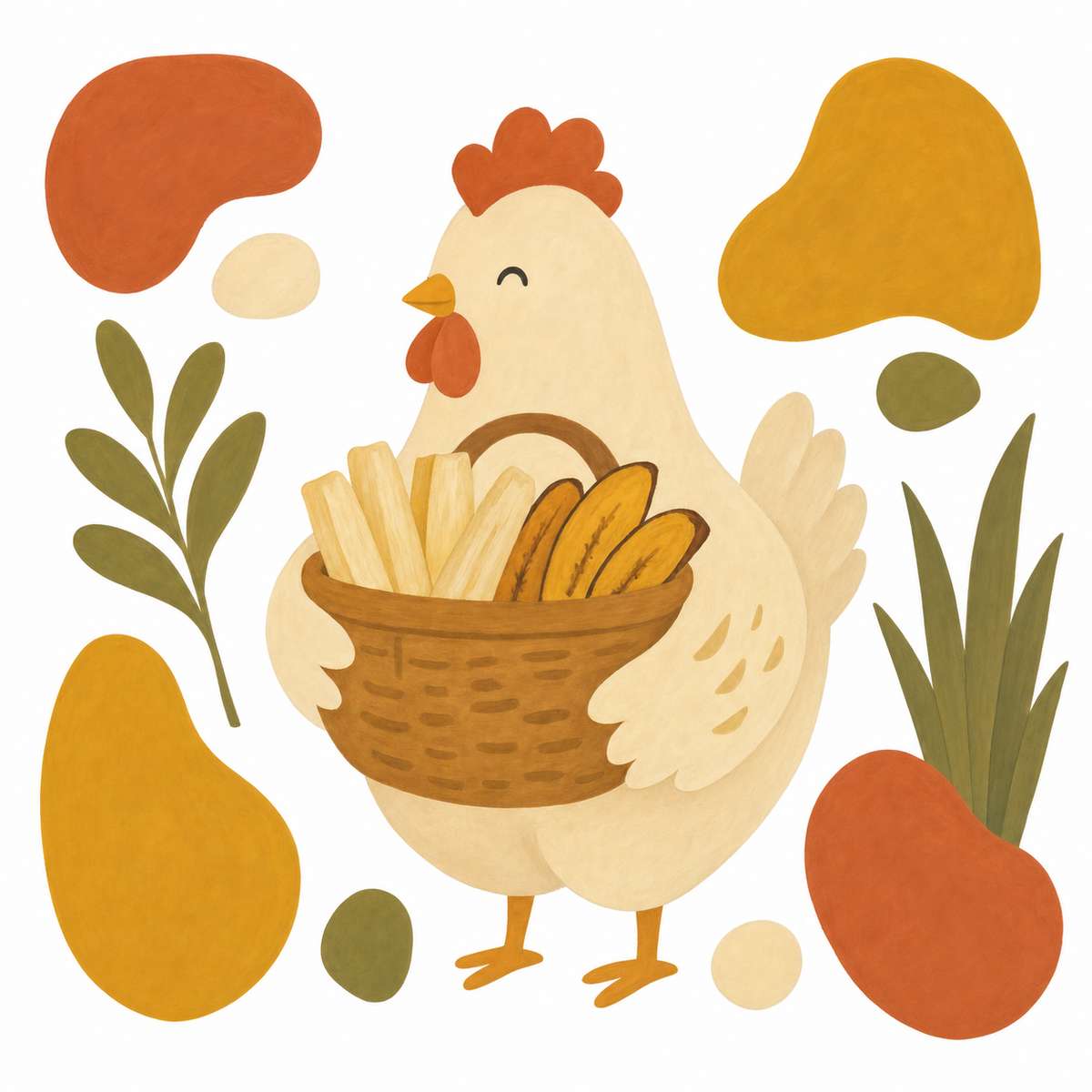 Cute hand-drawn chicken holding a picnic basket with yuca fries and plantains on a white background