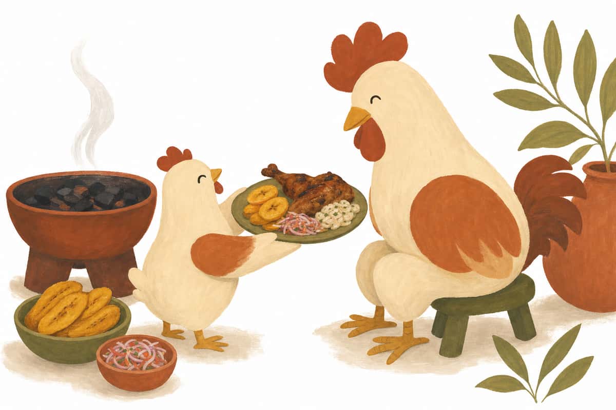 Cute hand-drawn little chicken giving a grilled food plate to a dad chicken on a white background