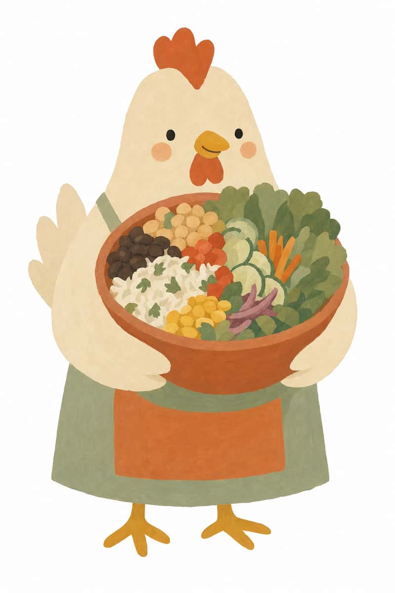 Cute hand-drawn chicken holding a bowl of salad with beans, rice, and vegetables
