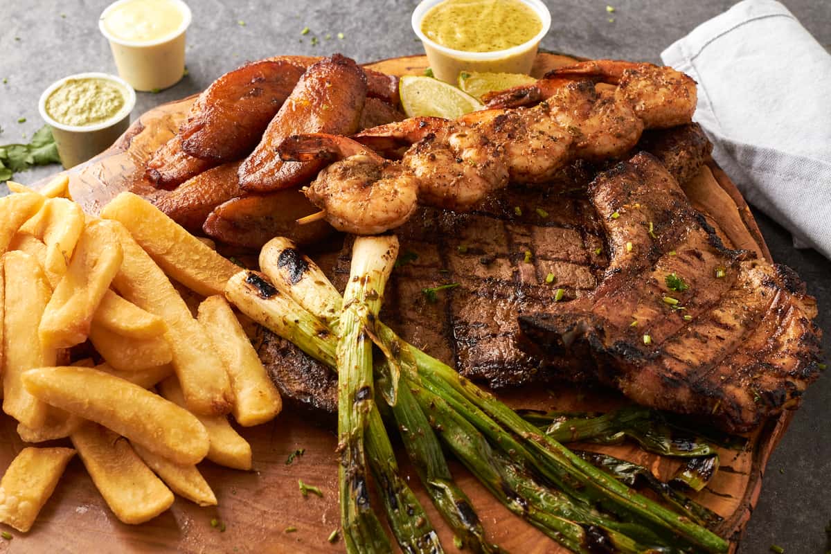 steak, shrimp, and fries