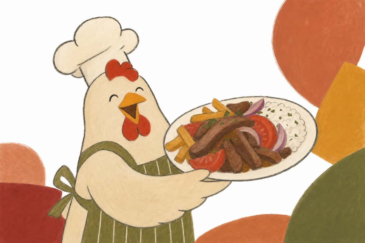 Hand-drawn chicken chef holding a colorful plate inspired by Lomo Saltado on a white background