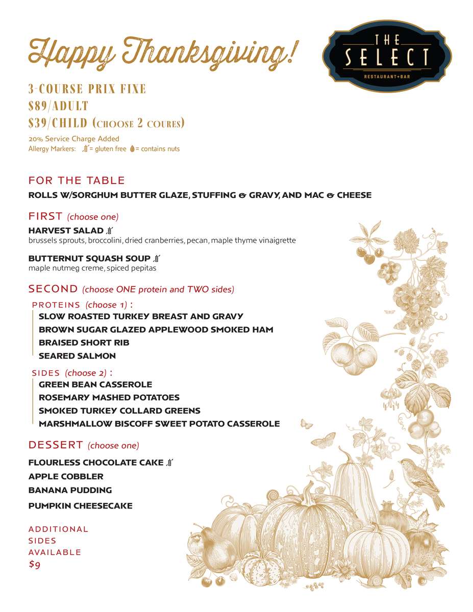 the select sandy springs atlanta 2026 thanksgiving menu
