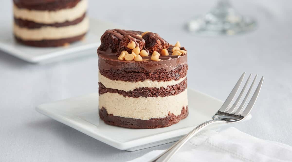 Layered chocolate cake with peanut butter mousse, chocolate ganache, brownie pieces, and peanut butter chips.
