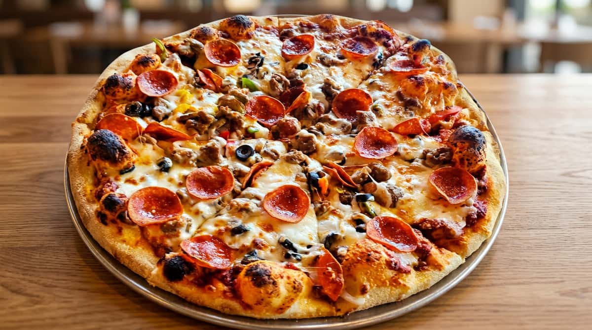 Pepperoni and sausage pizza with melted mozzarella, black olives, and bell peppers on a golden crust.