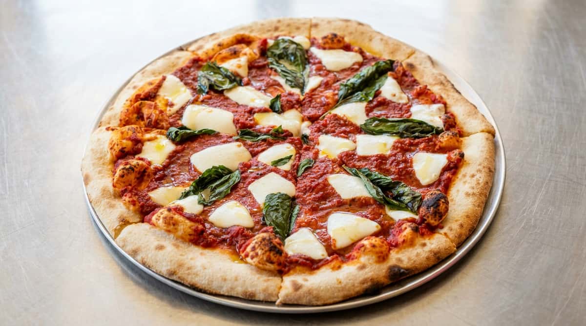 Margherita pizza with red tomato sauce, fresh mozzarella, and green basil on a metal pan.