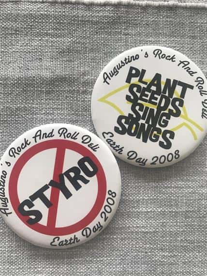 buttons that say Anti-Styro and Plant Seeds Sing Sings, with Earth Day 2008 