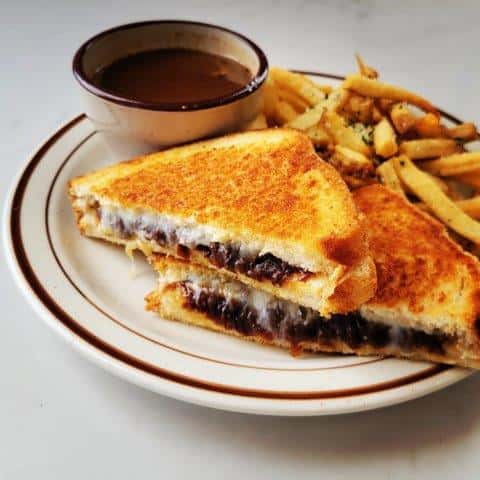 french onion grilled cheese sandwich with french fries