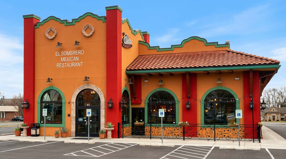 A vibrant Mexican-style restaurant exterior with warm red and orange stucco walls, arched doorways, and a traditional clay tile roof. Decorative details and colorful accents give it a festive, inviting look, suggesting an authentic and welcoming dining atmosphere.