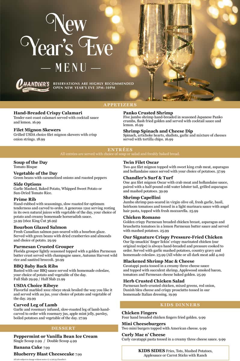Chandlers New Years Eve Menu