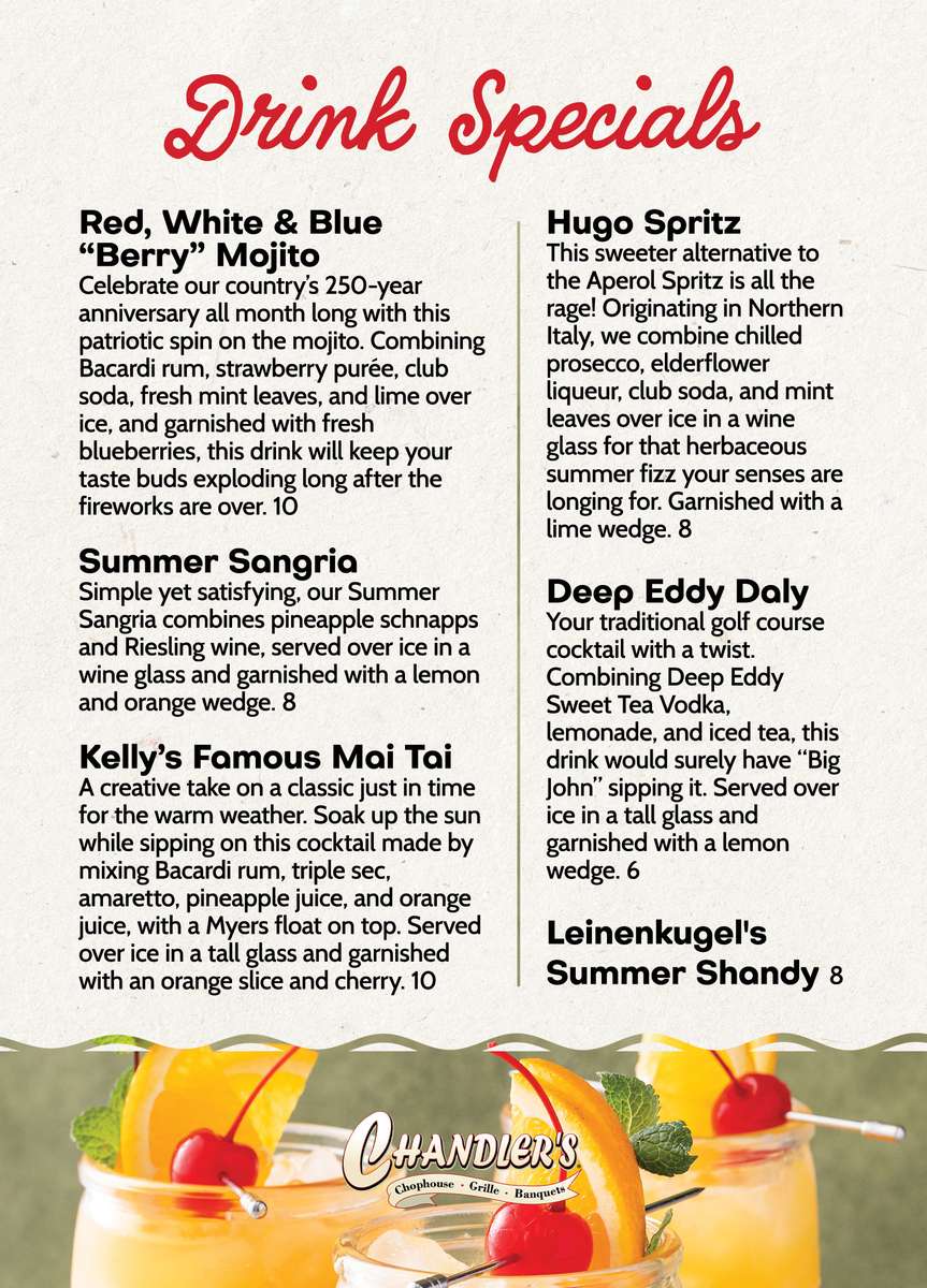 Summer Drink Specials at Chandlers