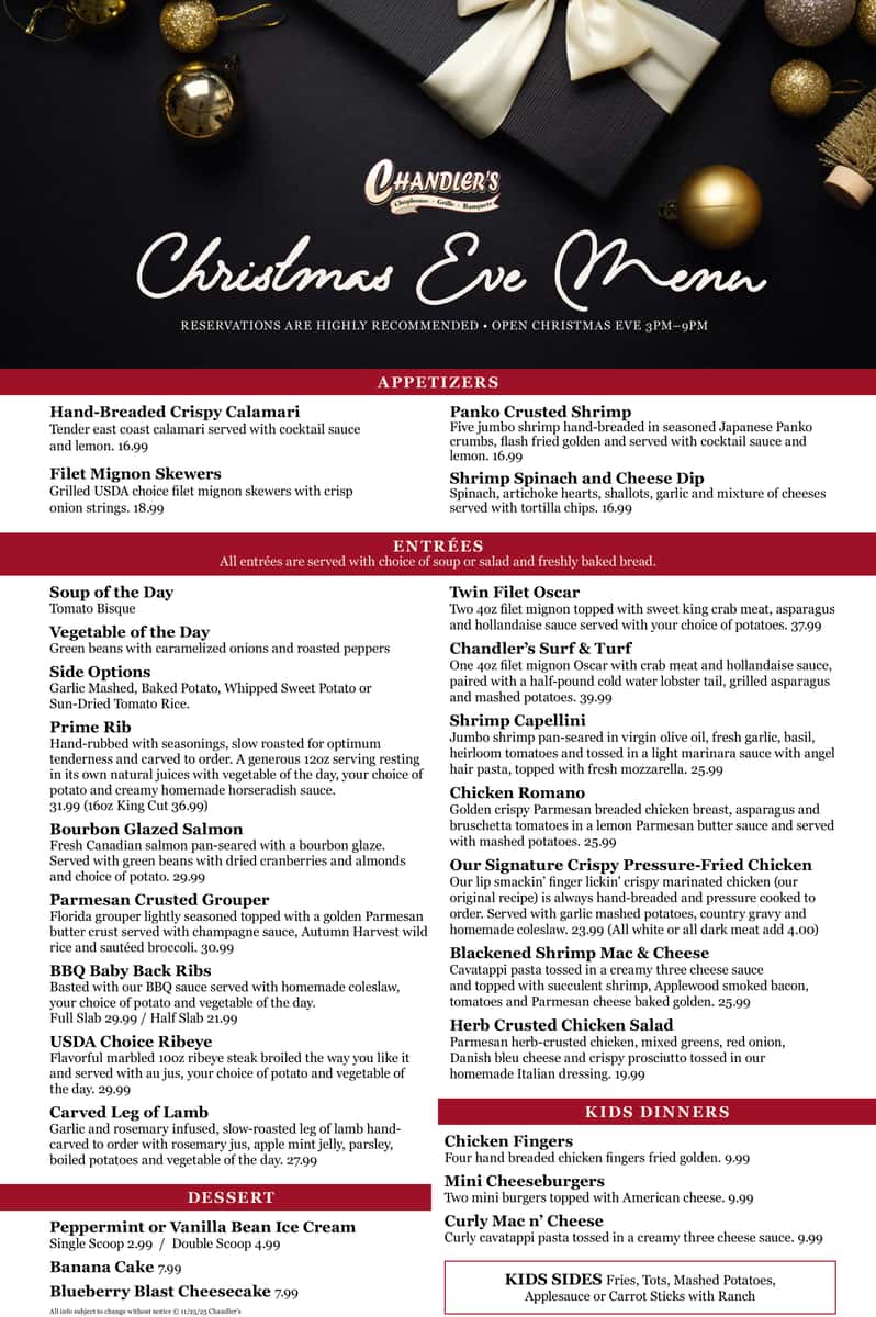 Chandlers Christmas Menu