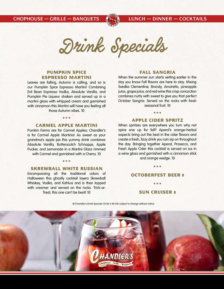 Fall Drink Specials at Chandlers