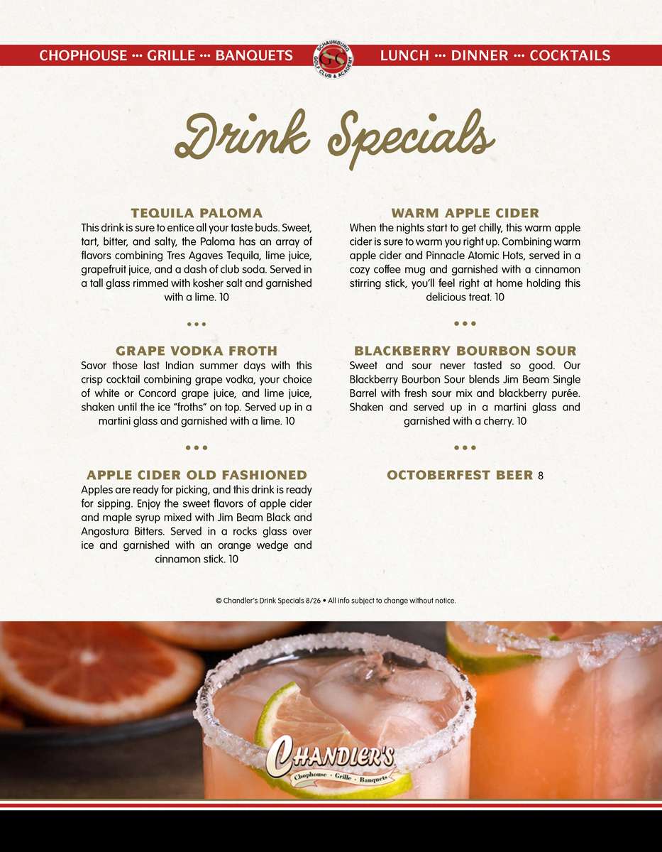 Drink Specials at Chandlers