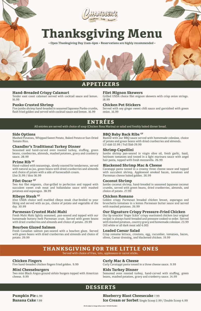 Thanksgiving Menu at Chandlers