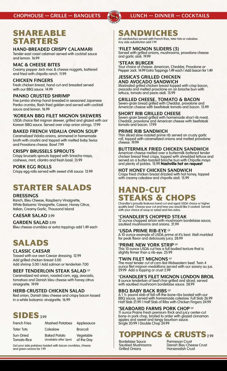 Chandlers Dining Room Menu